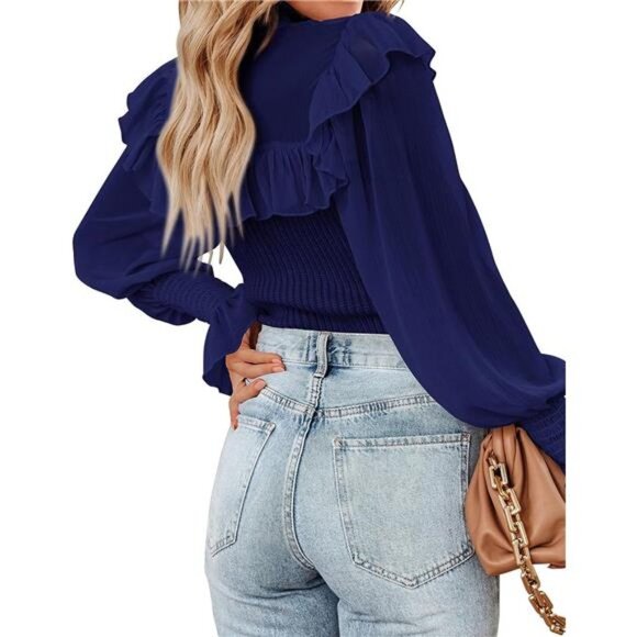 Blue Ribbed Knit Chiffon Ruffle Mesh Sheer Long Puff Sleeve‎ Sweater Top Blouse - Picture 2 of 7